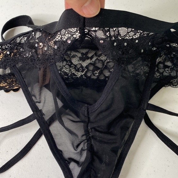 Honeydew Intimates Peek-A-Dew Lucy Hipster Black Lace Mesh Thong Strappy Panty - Picture 10 of 12